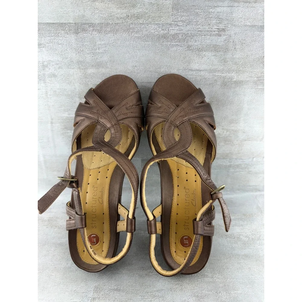 Clarks Unstructured Bronze Leather Strappy Slingback Wedge Sandals Women Sz 8M